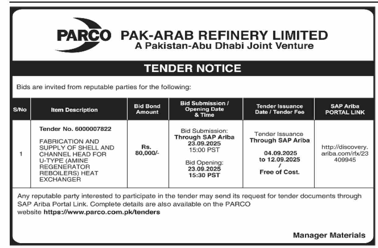 Pak Arab Refinery Limited Tender Notice
